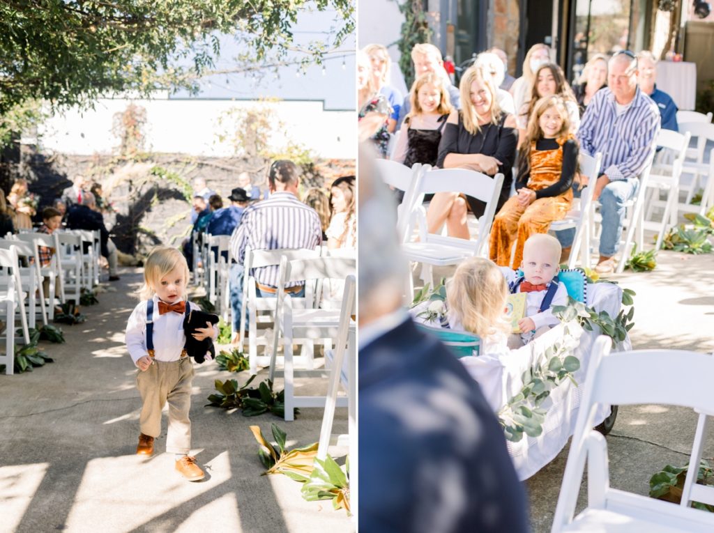 Collage of a little boy walking down the aisle as the ring bearer and two other little boys being pulled in a wagon.