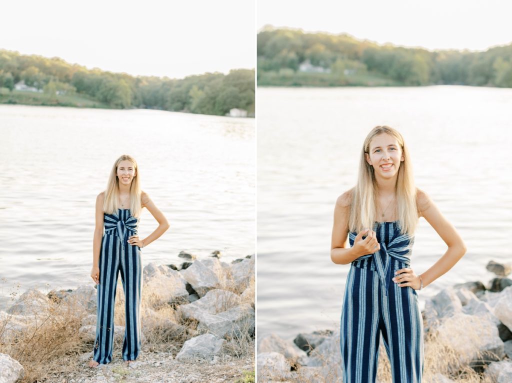Collage of Natalie standing on the lake edge playing with her hair during her senior session with Emily Quigley Photography.