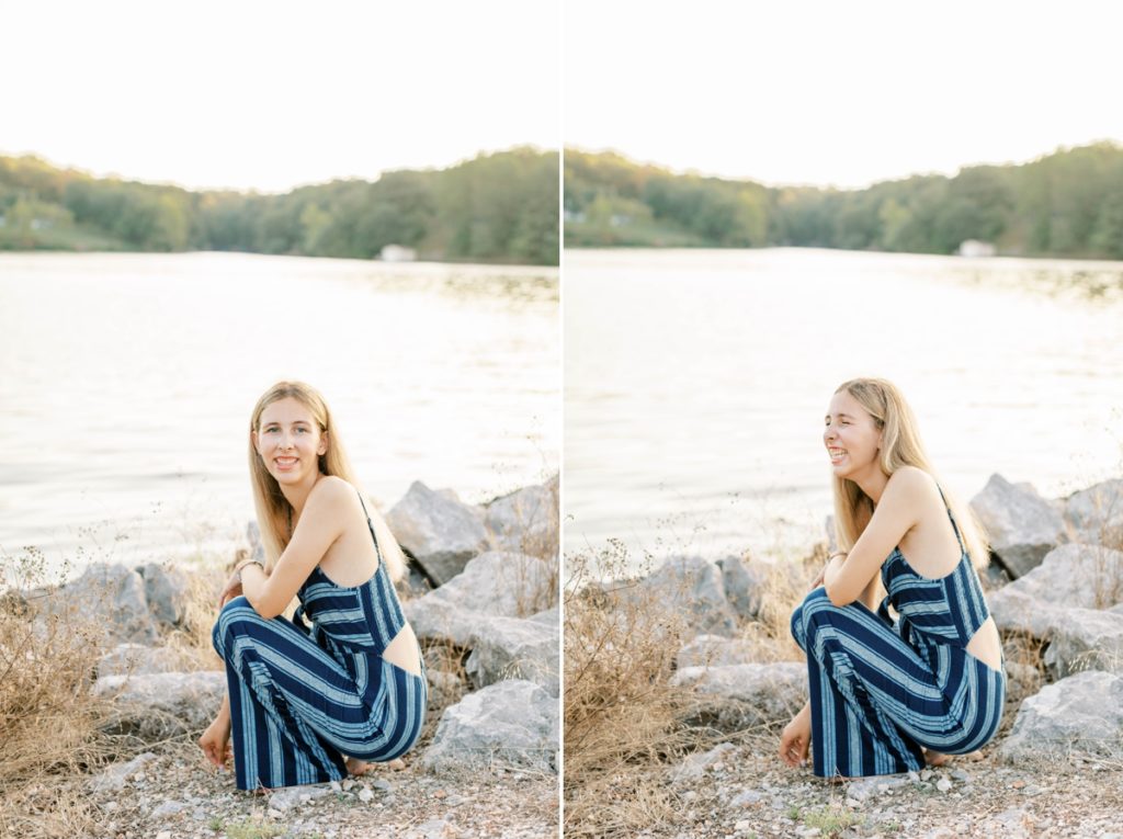 Collage of Natalie kneeling on the rocky edge of a lake and laughing during her high school senior session.