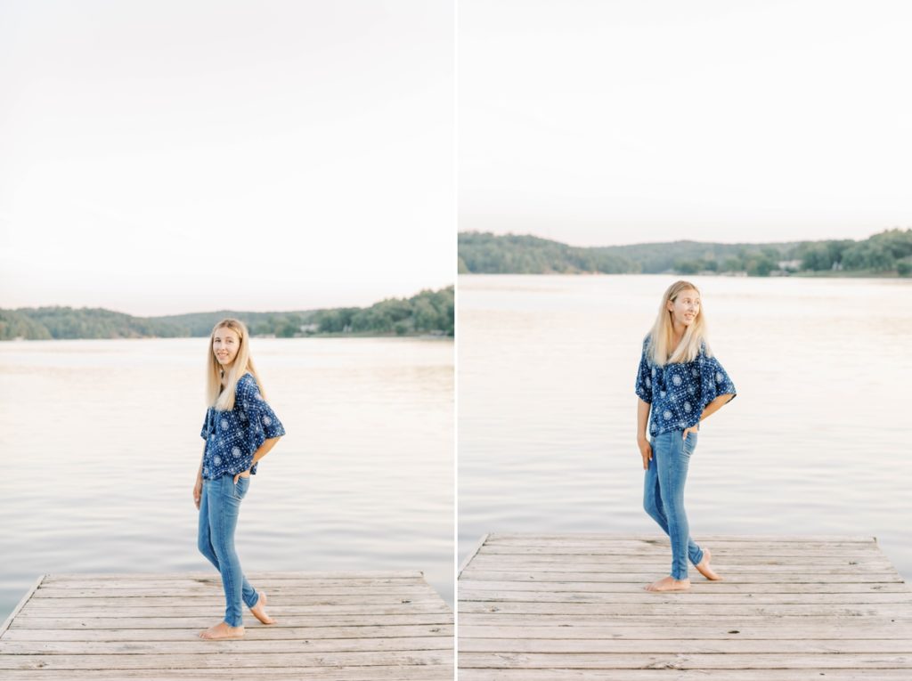 Collage of Natalie with her hand in her back pocket looking over her shoulder on the lake dock during her high school senior session.
