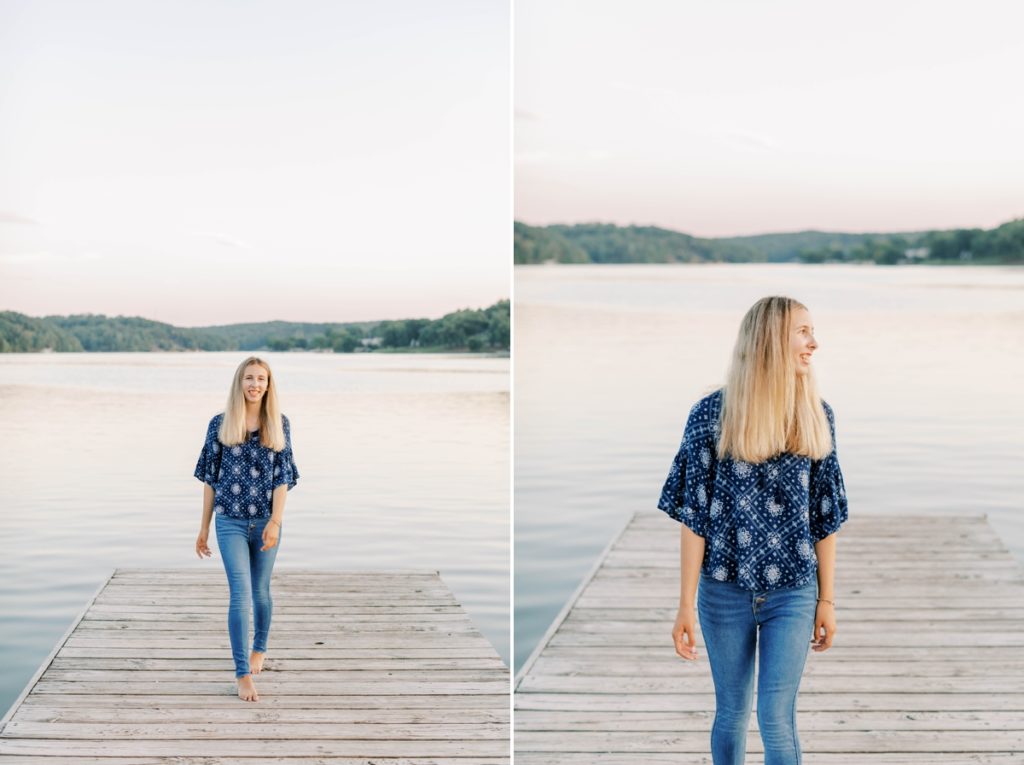 Collage of Natalie walking along the dock during her high school senior session.