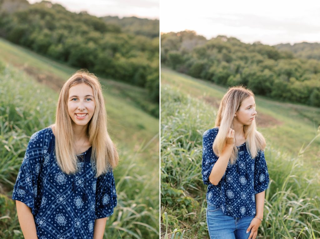 Collage of Natalie smiling and playing with her hair in a field during her senior session with Emily Quigley Photography.