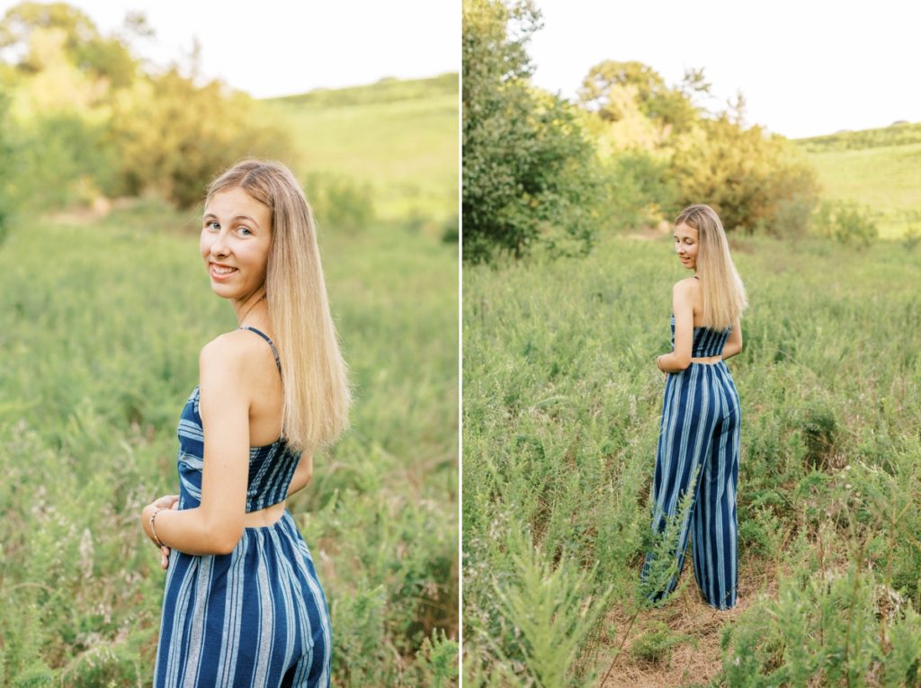 Collage of Natalie looking over her shoulder in a field during her high school senior session.