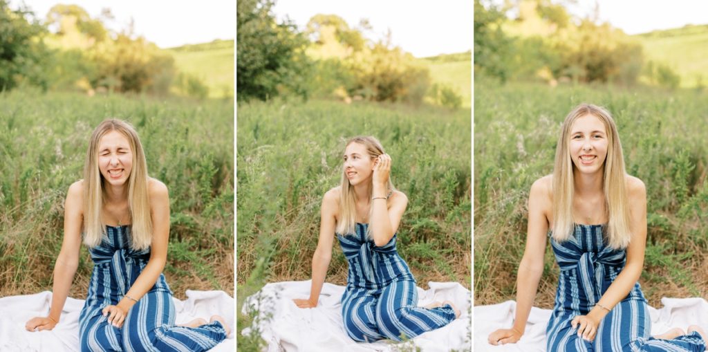 Collage of Natalie sitting on a blanket in a field laughing and playing with her hair during her senior session with Emily Quigley Photography.