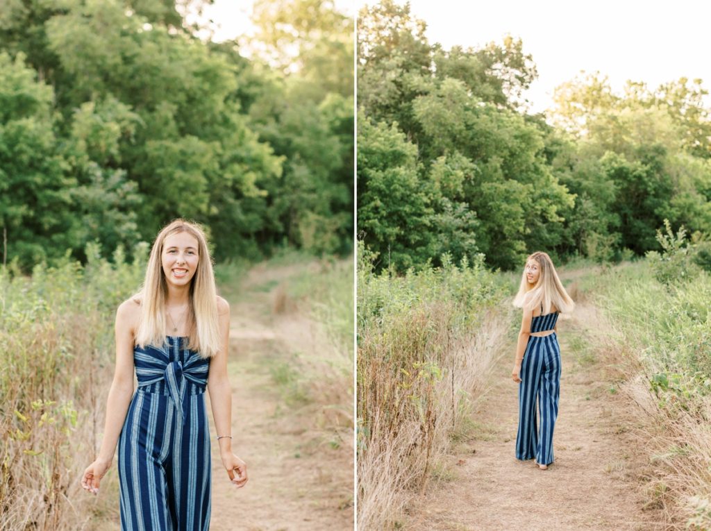 Collage of Natalie walking up and down a path in a field during her high school senior session with Emily Quigley Photography.