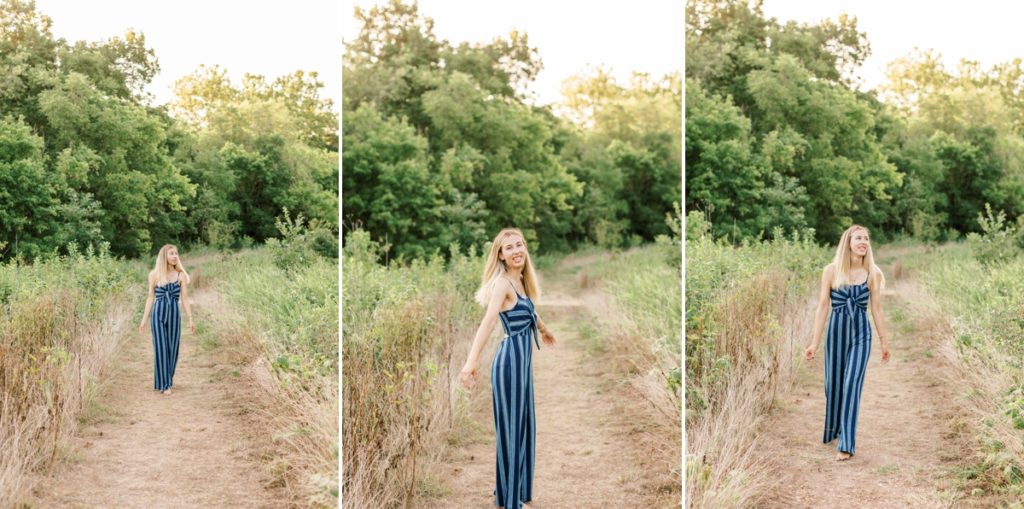Collage of Natalie walking and spinning down a path during her senior session.