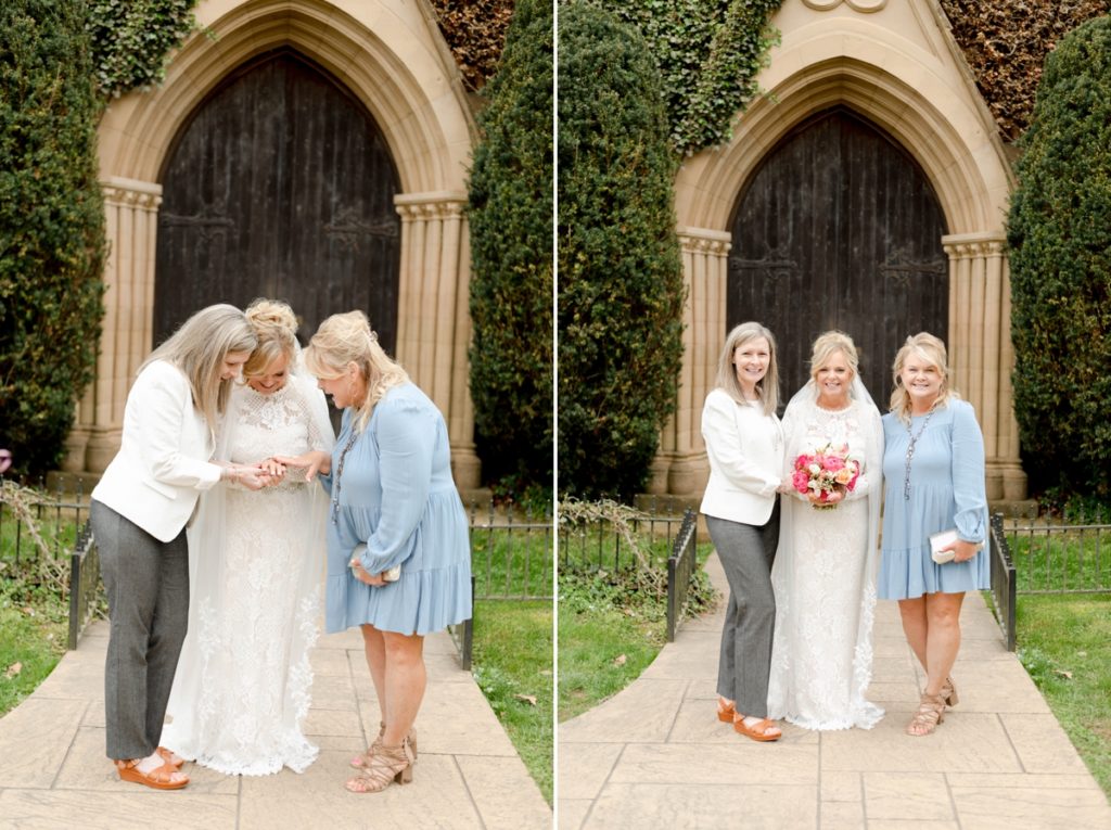 Collage of the bride showing her wedding ring to the two important women in her life.