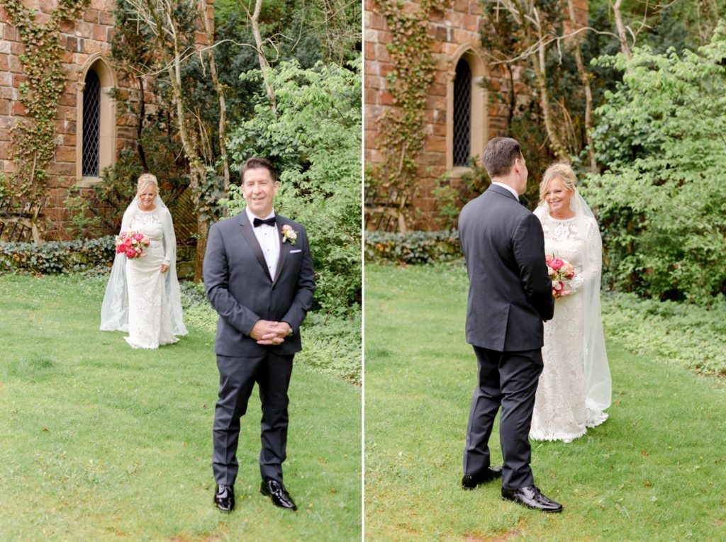 Collage of a bride standing behind her groom during their first look and the first time he sees her on their wedding day.