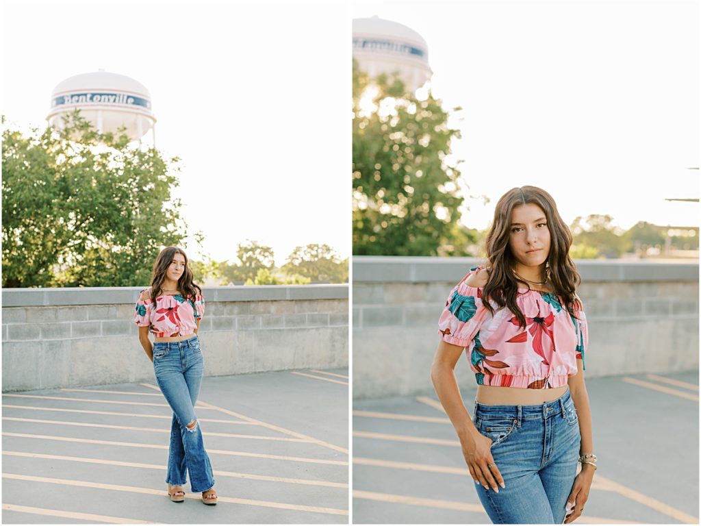 Collage of Madison standing in front of Bentonville Water Tower in jeans and a top; photograph taken by a Senior Photographer in Bentonville AR