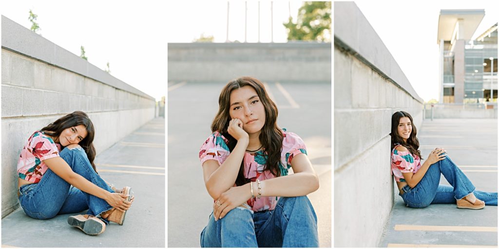 Collage of Madison sitting leaning and posing against a stone wall; photograph taken by a Senior Photographer in Bentonville AR