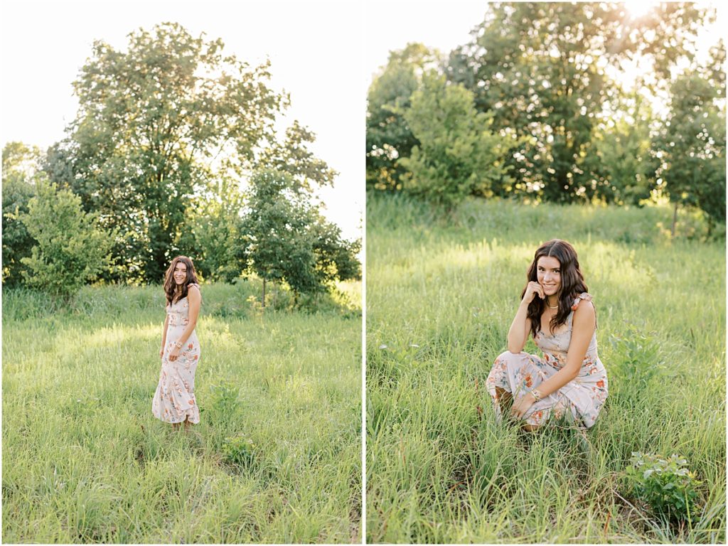 Collage of Madison standing and sitting in a field in front of trees. 