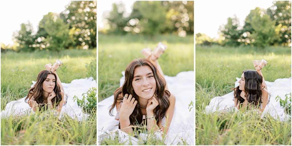 Collage of Madison laying on a blanket in a field; photograph taken by a Senior Photographer in Bentonville AR