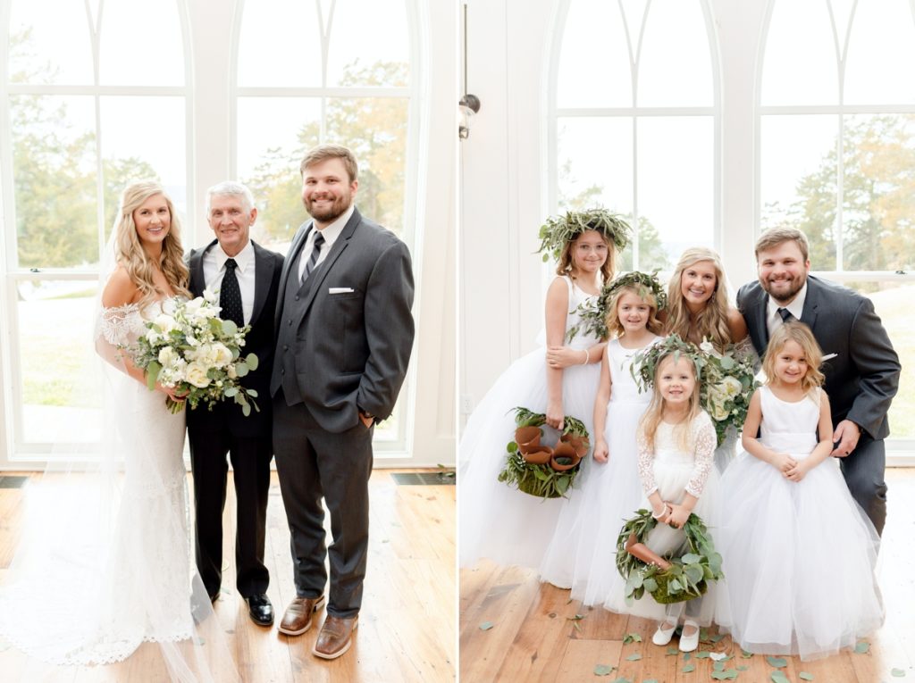 Collage of a bride and groom with the bride's dad on their wedding day and the bride and groom kneeling down with their flower girls in front of a window filled white wall of their wedding chapel.