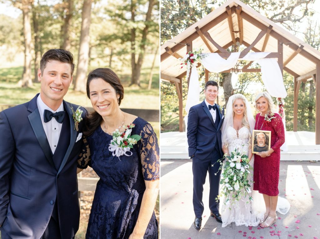 Collage of the groom smiling with his mom outside the wedding venue and the bride and groom smiling with the bride's mom and a photo of her dad who has passed away.