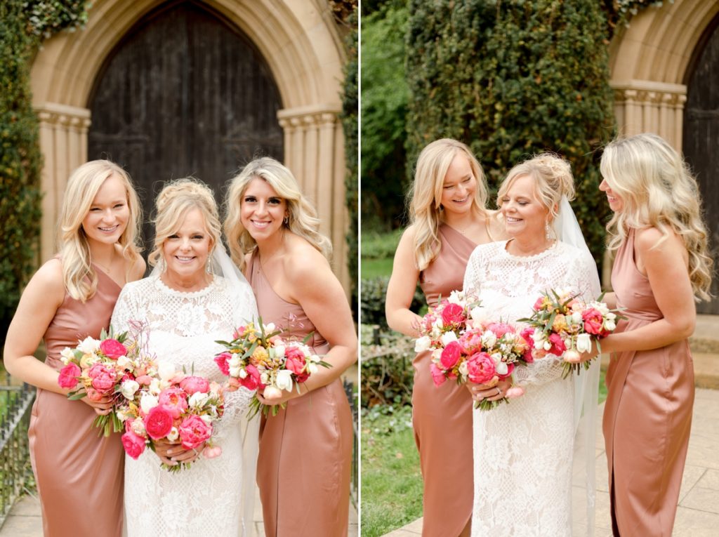 The bride and her bridesmaids smiling and laughing in front of the chapel on her wedding day.