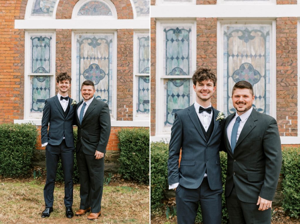 Collage of the groom smiling with his best man in front of the church where he just said his vows.