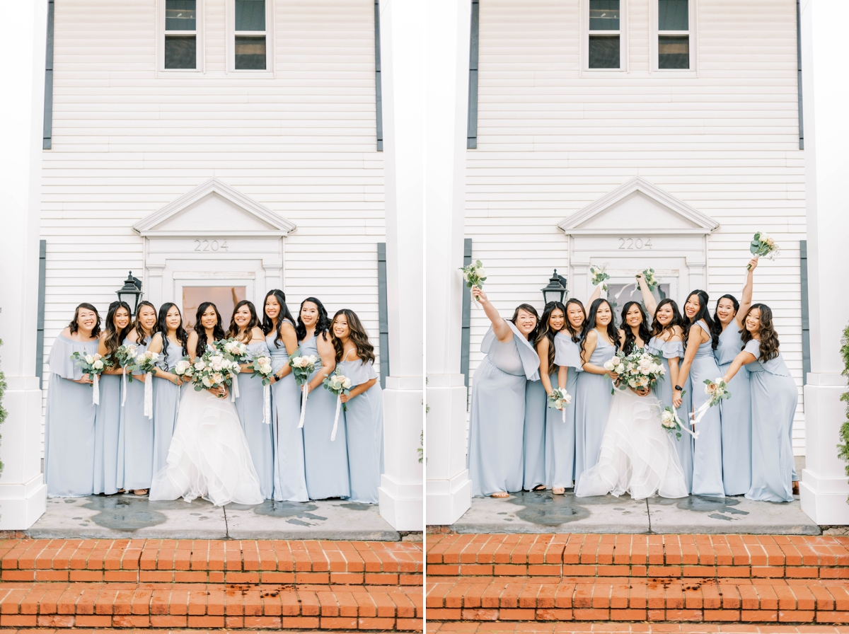 Collage of Carina with her bridesmaids smiling and cheering on the porch of her wedding venue.