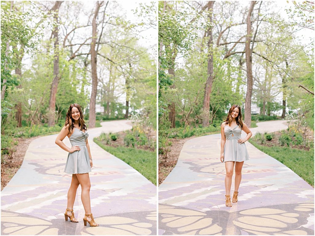 Collage of Kaiyah in a grey dress smiling with one hand on her hip in the middle of a butterfly pathway during her high school senior session.