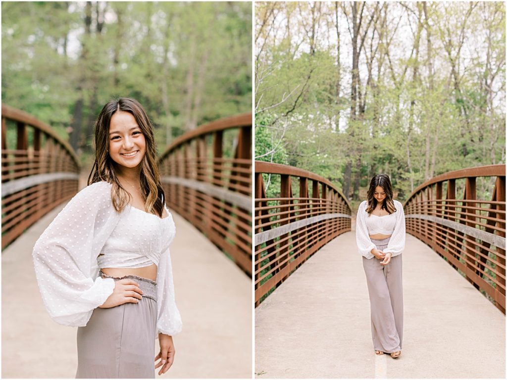 Collage of Kaiyah smiling with one hand on her hip and her looking down at her hands as she stands on a bridge during her high school senior session.