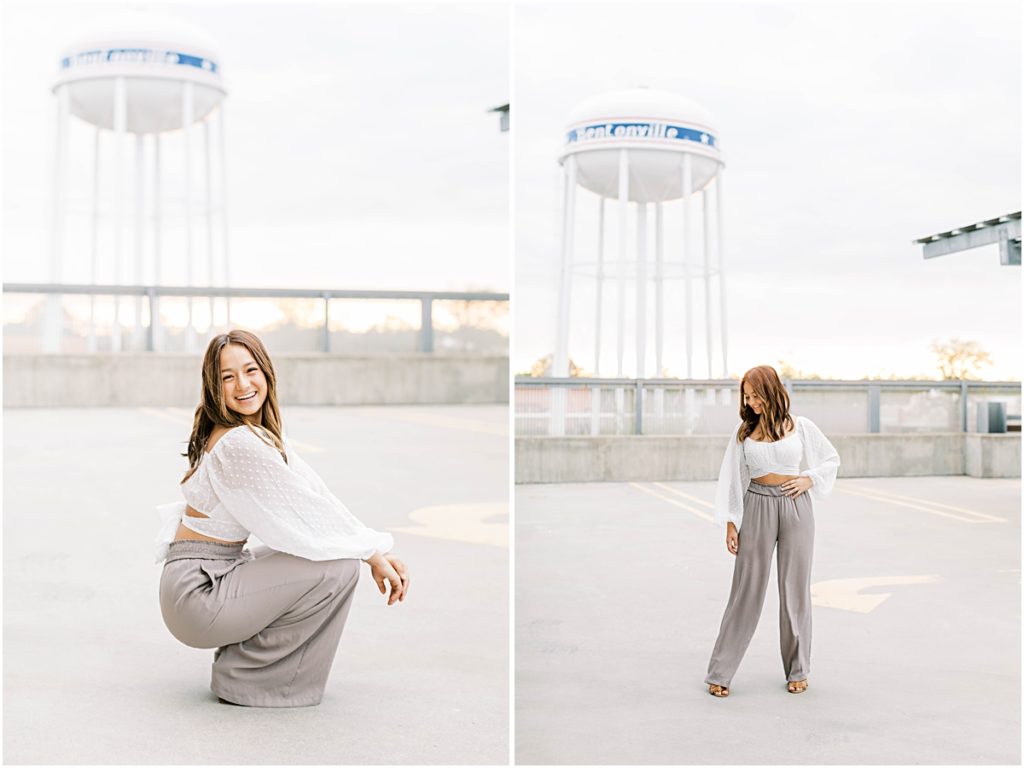 Collage of Kaiyah squatting down and laughing and her standing in the middle of a parking garage looking down at the ground during her senior session.