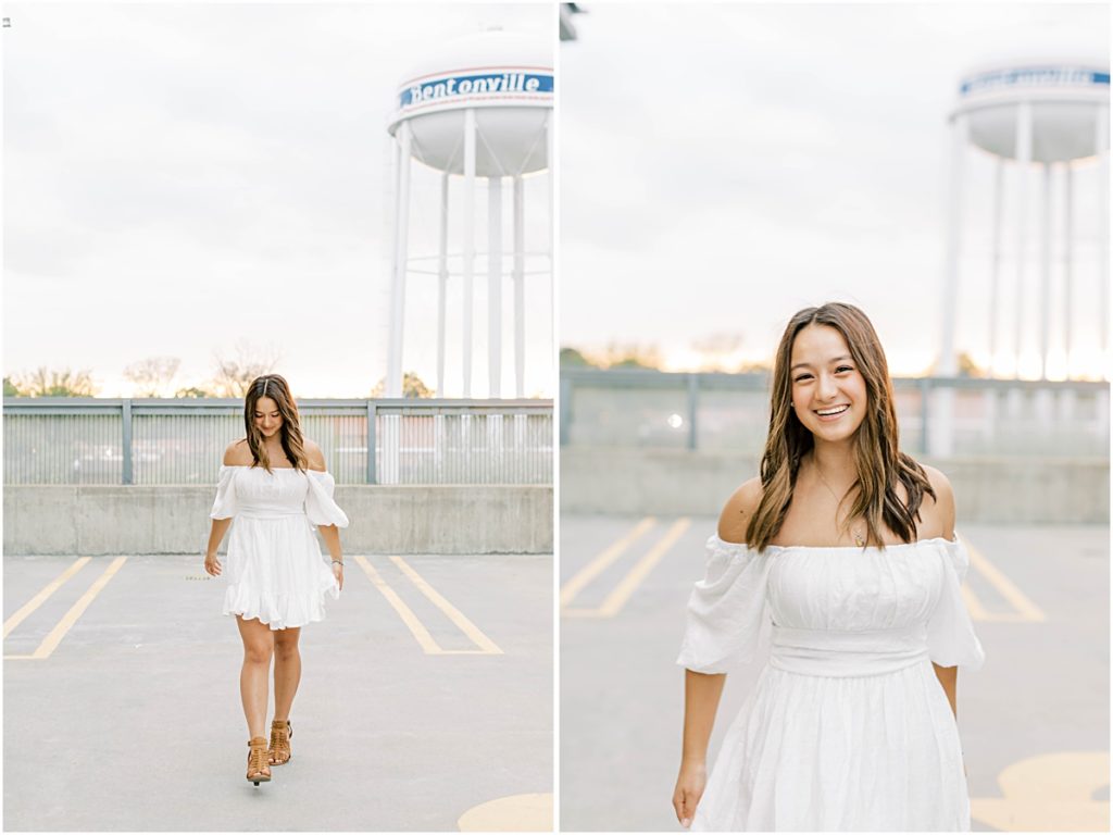 Collage of Kaiyah walking and laughing in a short white dress across the top of a parking garage in Northwest Arkansas during her high school senior session.