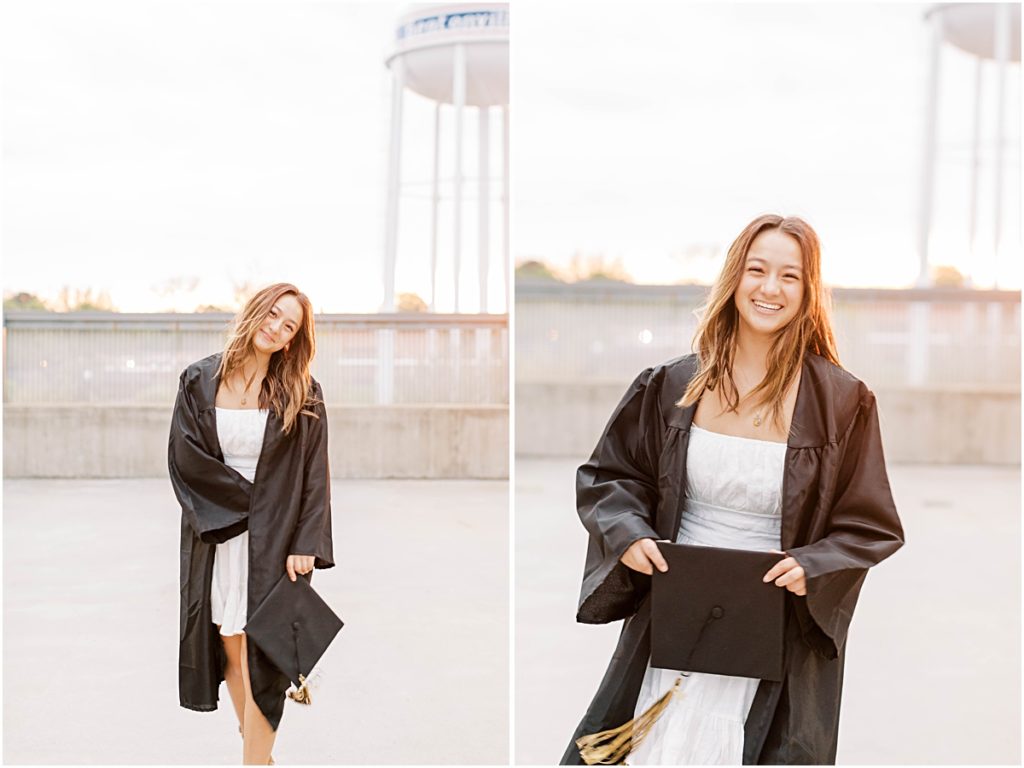 Collage of Kaiyah smiling and laughing while wearing her graduation gown and holding her cap in her hand during her senior session.