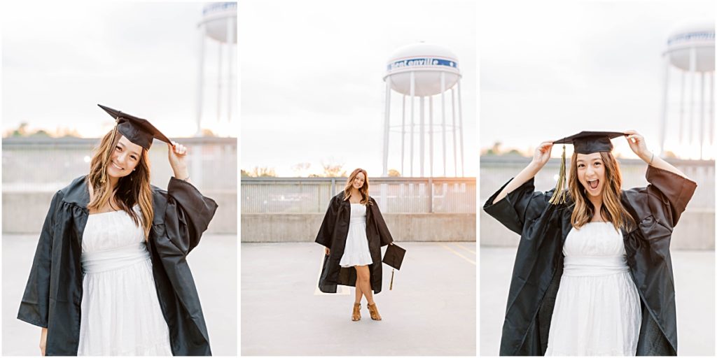 Collage of Kaiyah wearing her graduation gown and holding her cap on her head while she excitedly smiles.