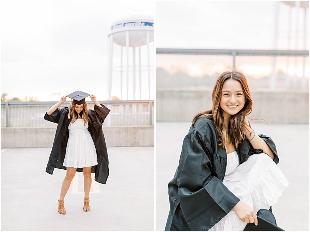 Collage of Kaiyah holding her graduation cap on her head while looking down at the ground and her kneeling on the roof of a parking garage in Northwest Arkansas in her cap and gown.