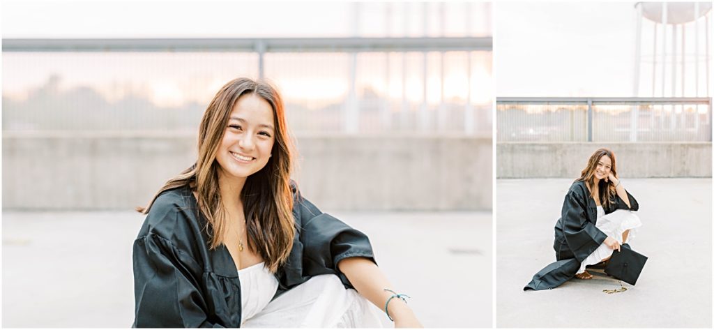 Collage of Kaiyah sitting on the ground in a parking garage while she smiles in her cap and gown during her senior session.
