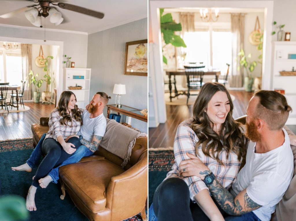 Collage of a couple cuddling in comfortable jeans and shirts on the couch in their home.