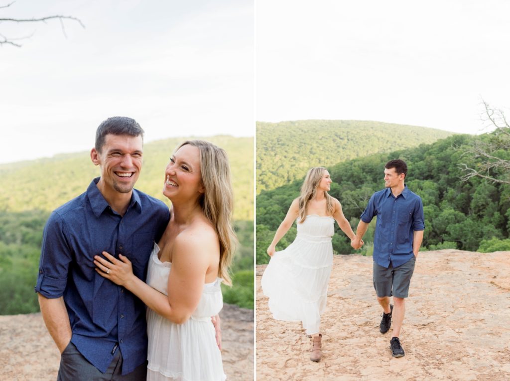Collage of a couple walking along a cliff edge in a soft flowy dress and shorts for their casual engagement session.