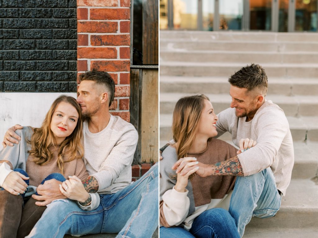Collage of a couple cuddling in jeans and sweaters during their casual engagement session.