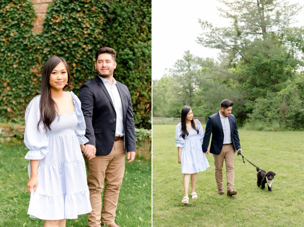 Collage of a couple in formal outfits walking their dog during their engagement session.